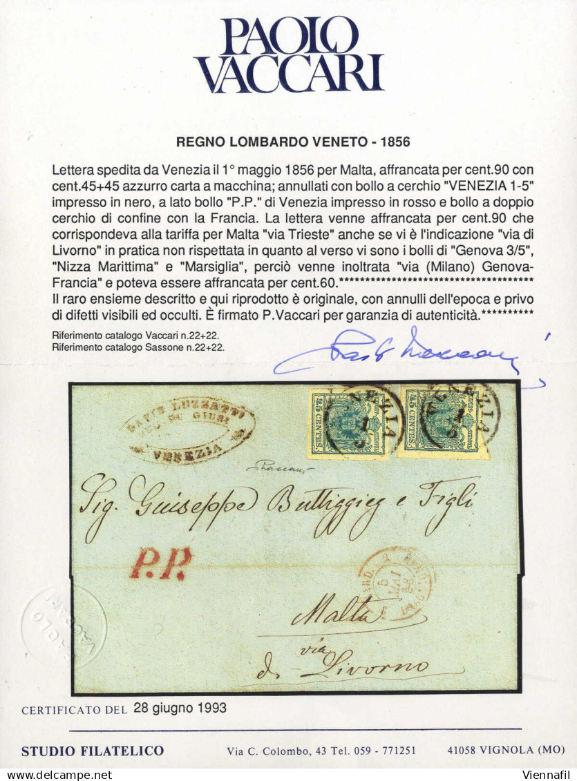 Cover 1856, Lettera Da Venezia Del 1.5. A Malta, Affrancata Con Due 45 C. Azzurro Su Carta A Macchina, Nonostante L'indi - Lombardy-Venetia