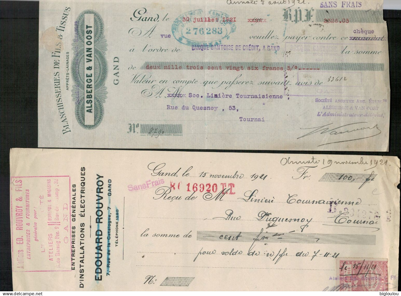 Lot De 11 Chèques Anciens - Anciens Mandats - Anciens Reçus - Région GAND - TOURNAI - Cheques & Traveler's Cheques