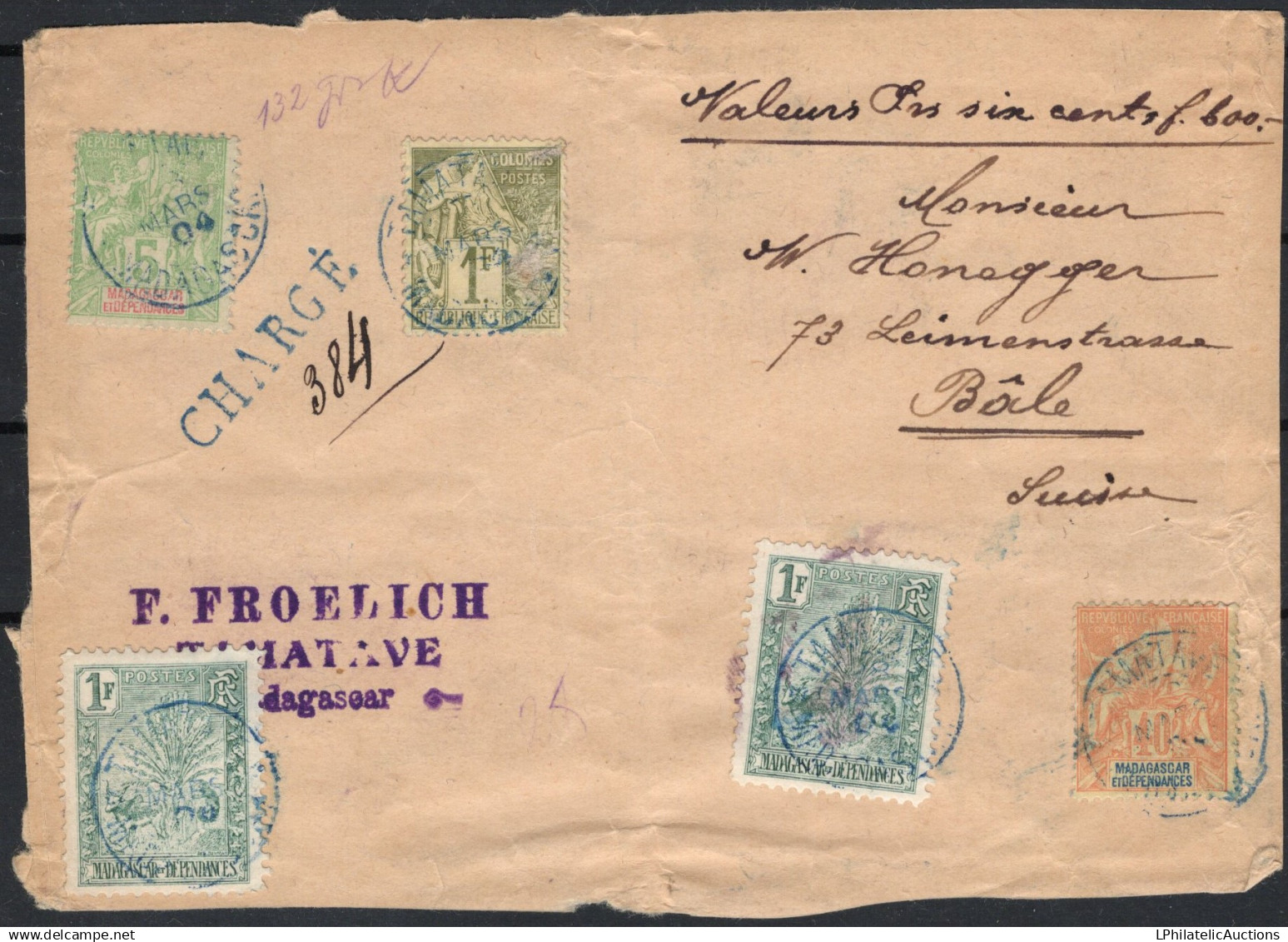 ✉ 1904, Madagascar, Devant De Lettre Chargée D'une Valeur Déclarée De 600fr, Affranchie Avec (1x) 1fr Olive (Y&T 59 - Ty - Autres & Non Classés