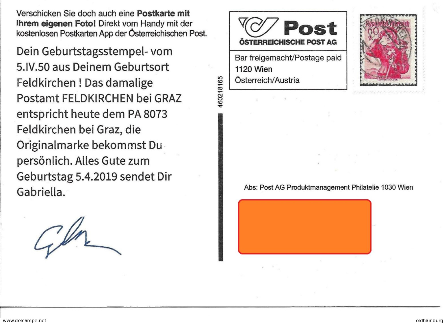 0307b: Ganzsache Via Post-App 2020: Feldkirchen Bei Graz, AK Plus Originalbriefmarke 5.4.1950 - Briefmarken (Abbildungen)
