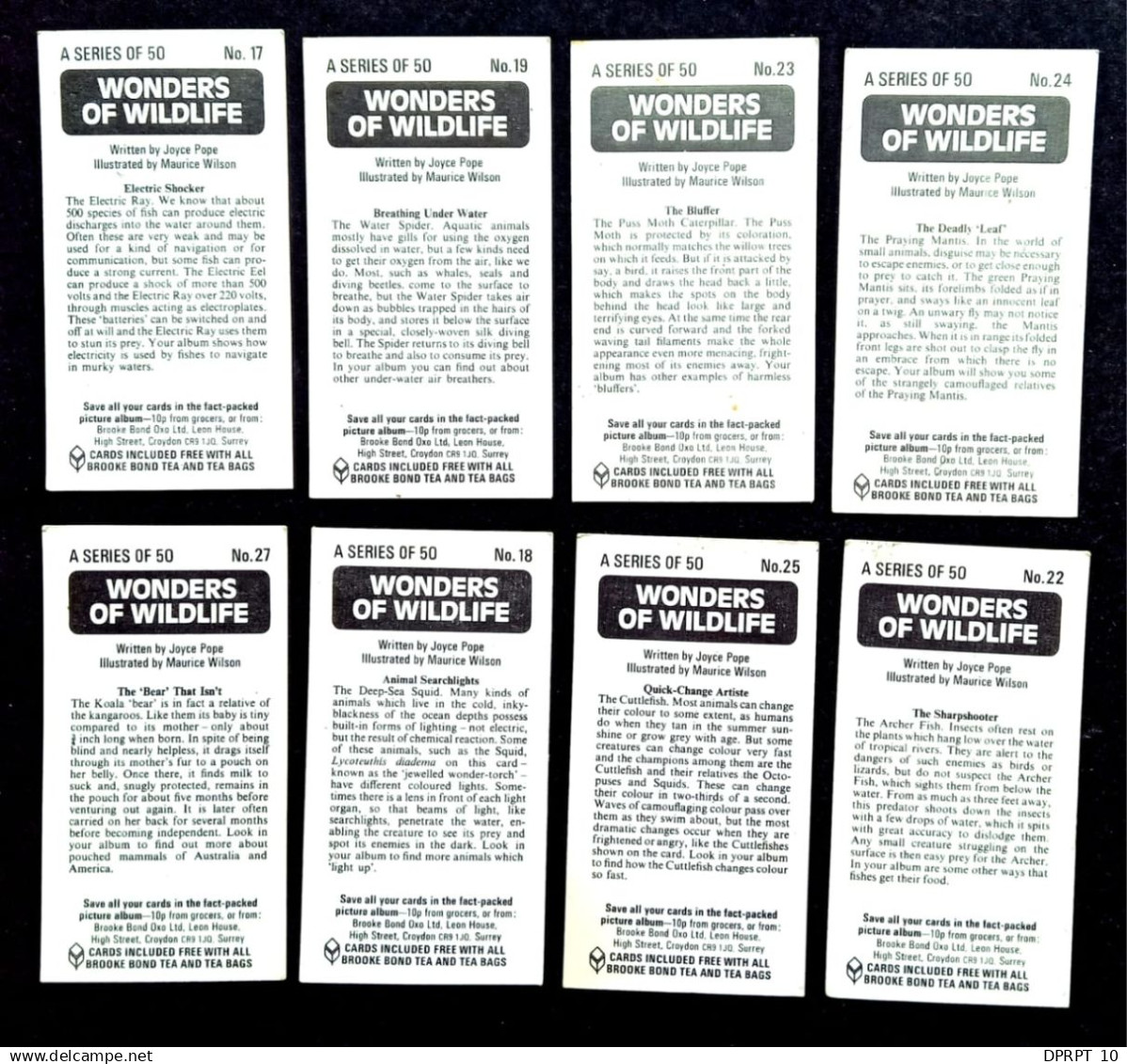 UK-GB ENGLAND 1960, SMALL  CARD, 8 DIFF, PART 2, WONDERS OF WILDLIFE, MAMMAL INSECT FISH BACKSIDE DETAIL INFORMATION. - Covers & Documents