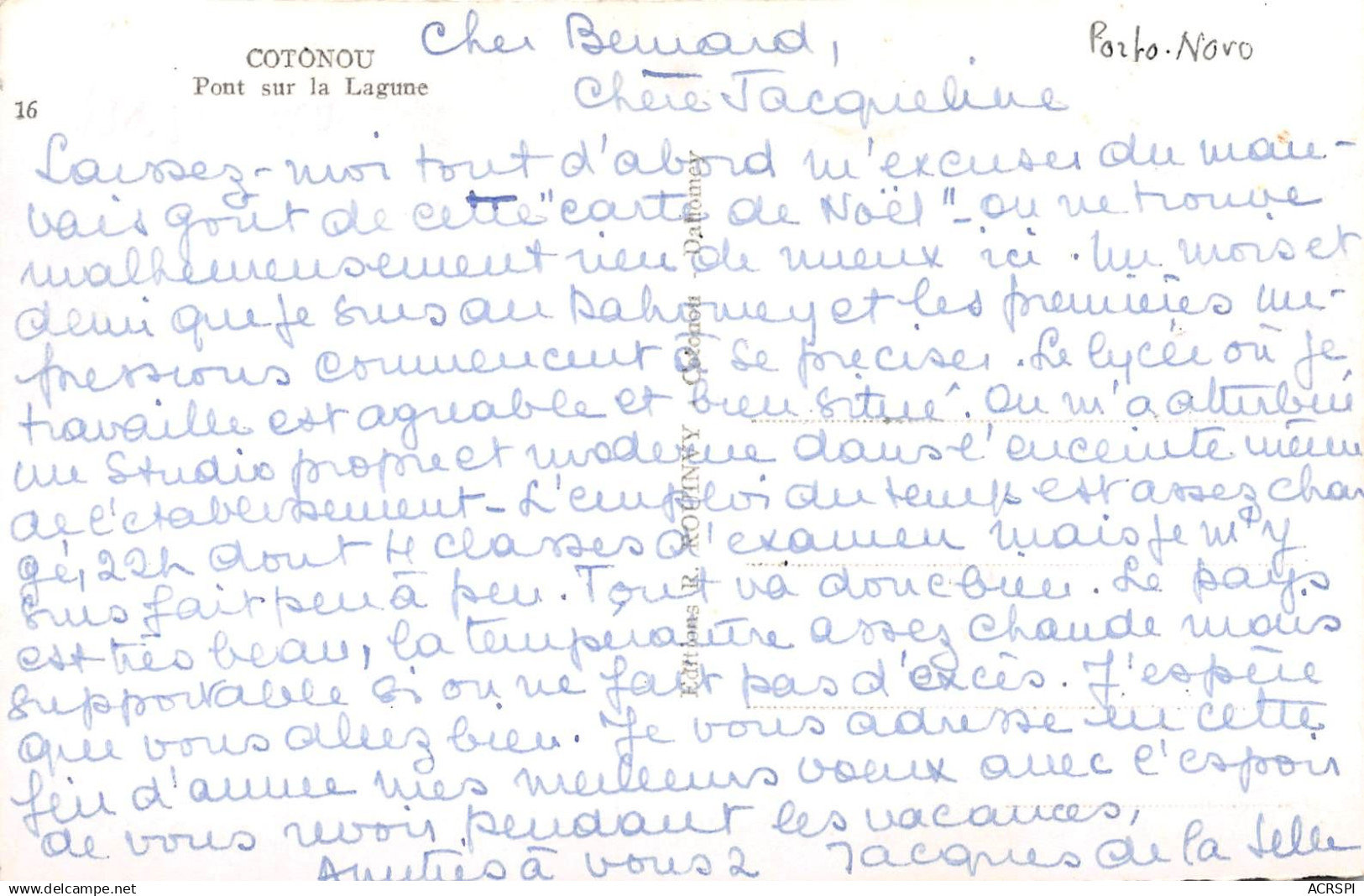 BENIN DAHOMEY Cotonou Le Pont Sur La Lagune Carte écrite (Scans R/V) N° 59 \ML4056 - Dahomey