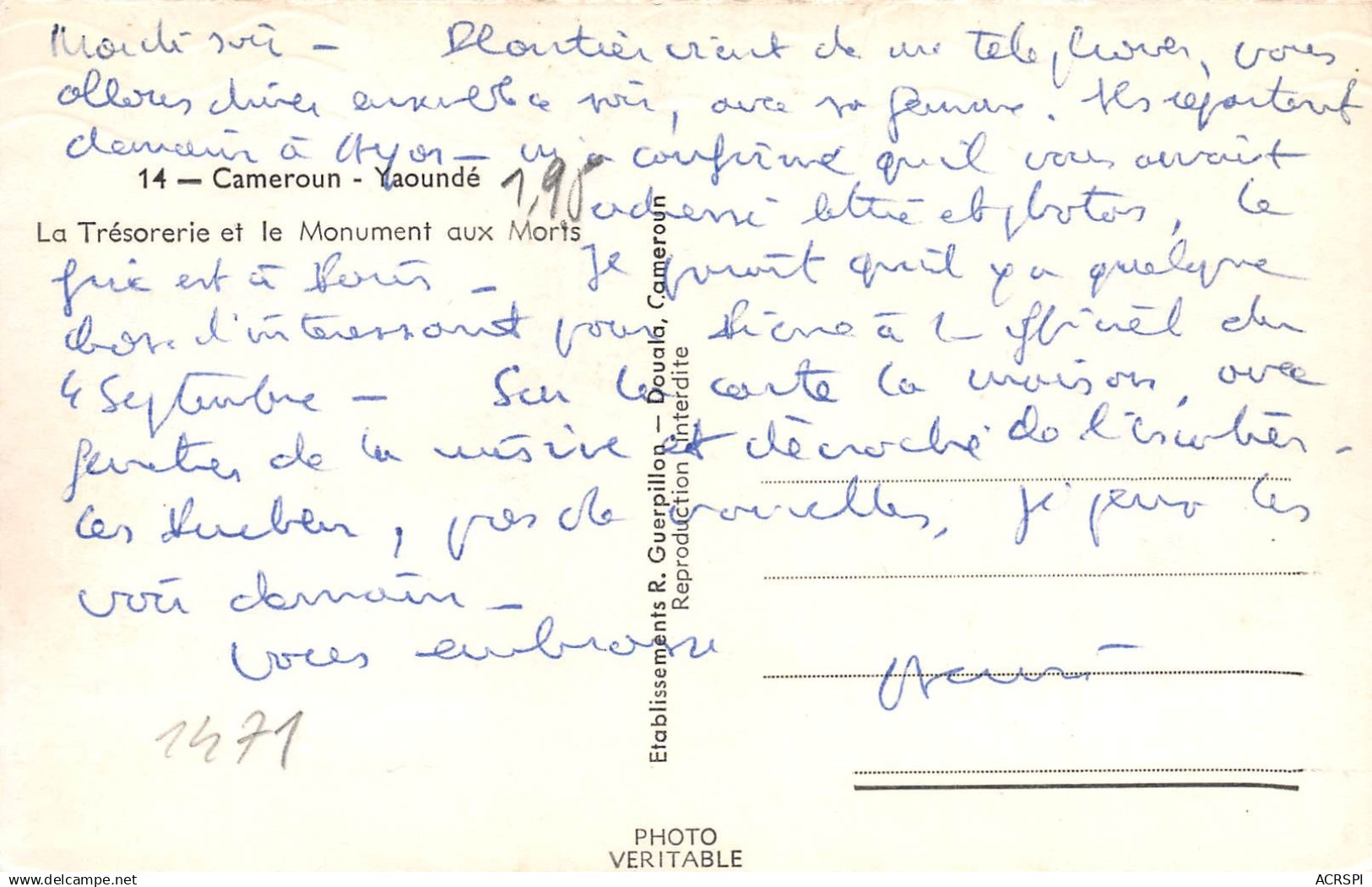 CAMEROUN - Yaoundé - Trésorerieet Monument Aux Morts (Scans R/V) N° 6 \ML4055 - Kamerun