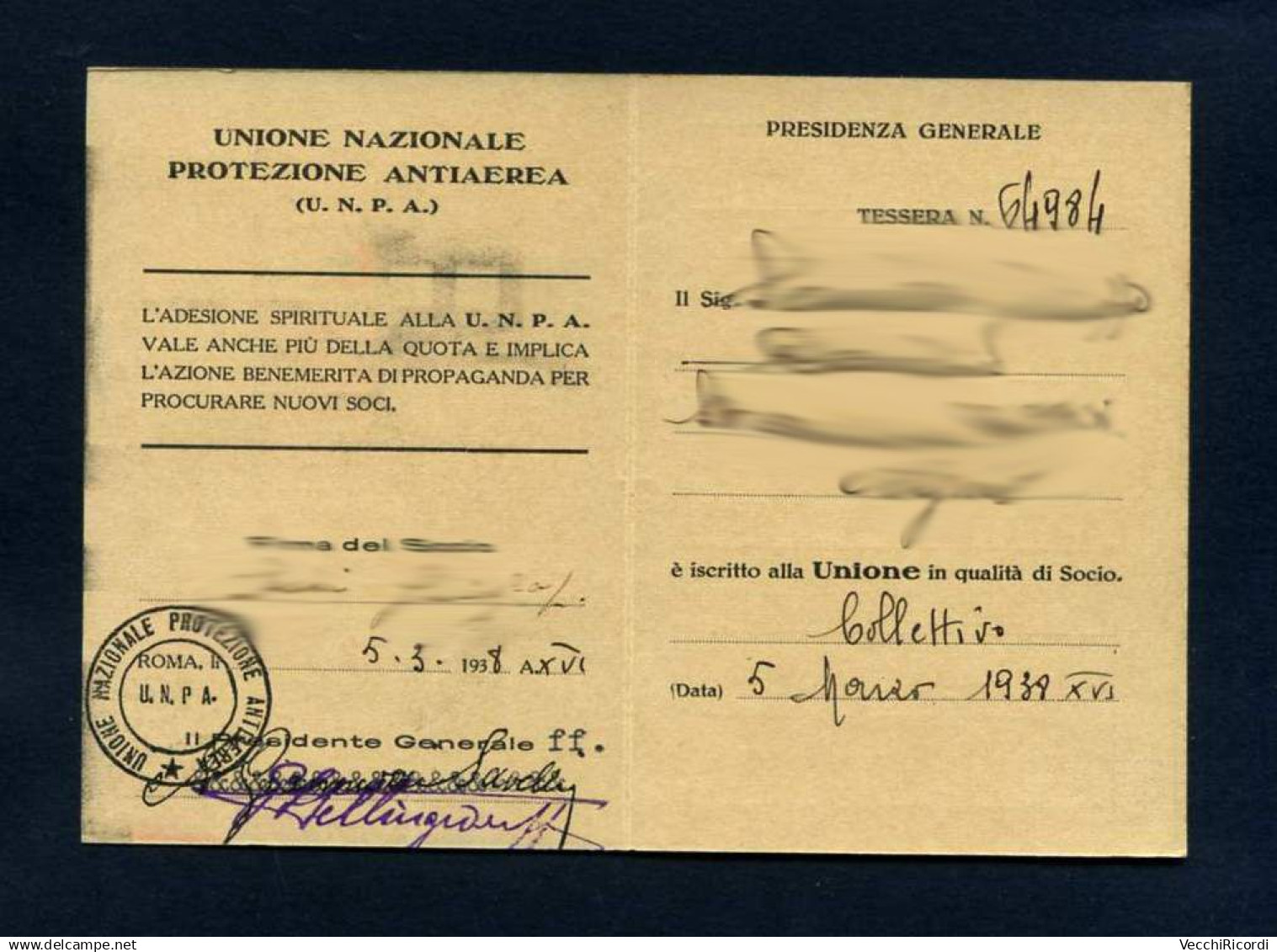 Tessera UNPA 1938 - Tessere Associative