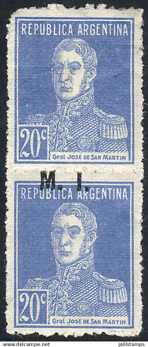 ARGENTINA: GJ.327a, 20c. San Martín Printed On Ribbed Paper, Vertical Pair WITH AND WITHOUT OVERPRINT, Mint With Tiny Hi - Oficiales