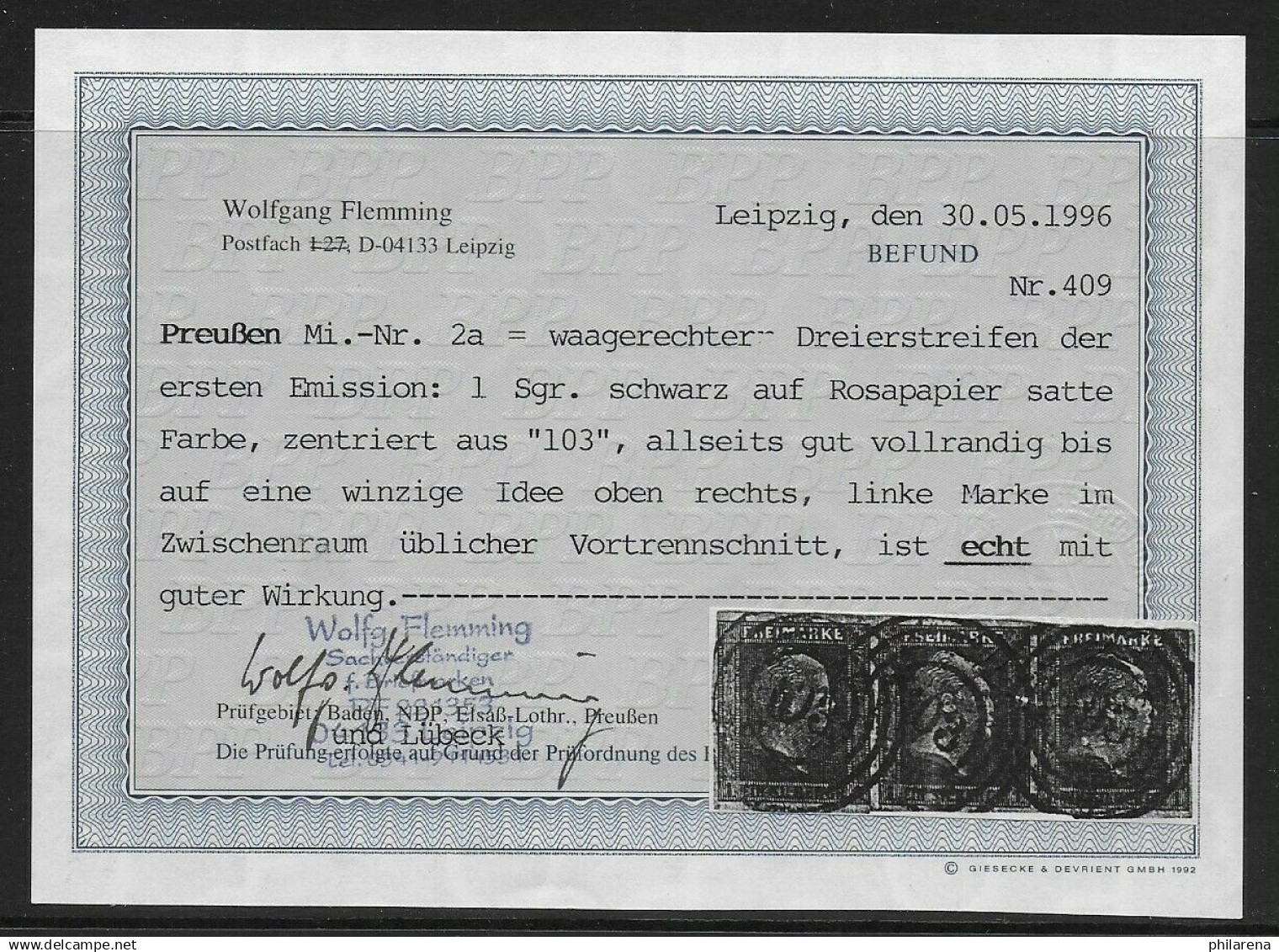 Preußen: MiNr. 2a, Waagrechter Dreierstreifen, Gestempelt Nr. 103, BPP Befund - Autres & Non Classés