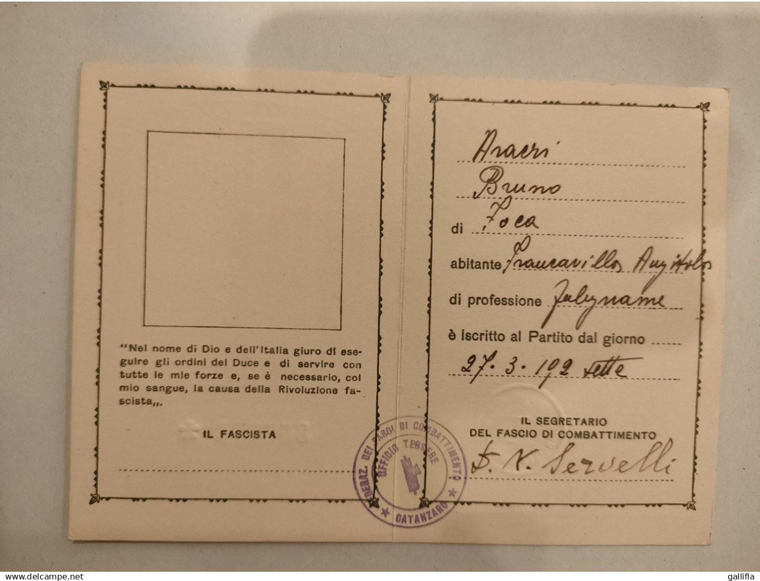 Tessera PNF Fascio Di Combattimento Francavilla 1927 - Documents