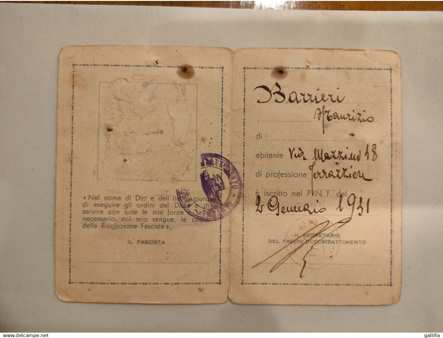 Tessera PNF Fascio Di Combattimento Taranto 1931 - Documenten