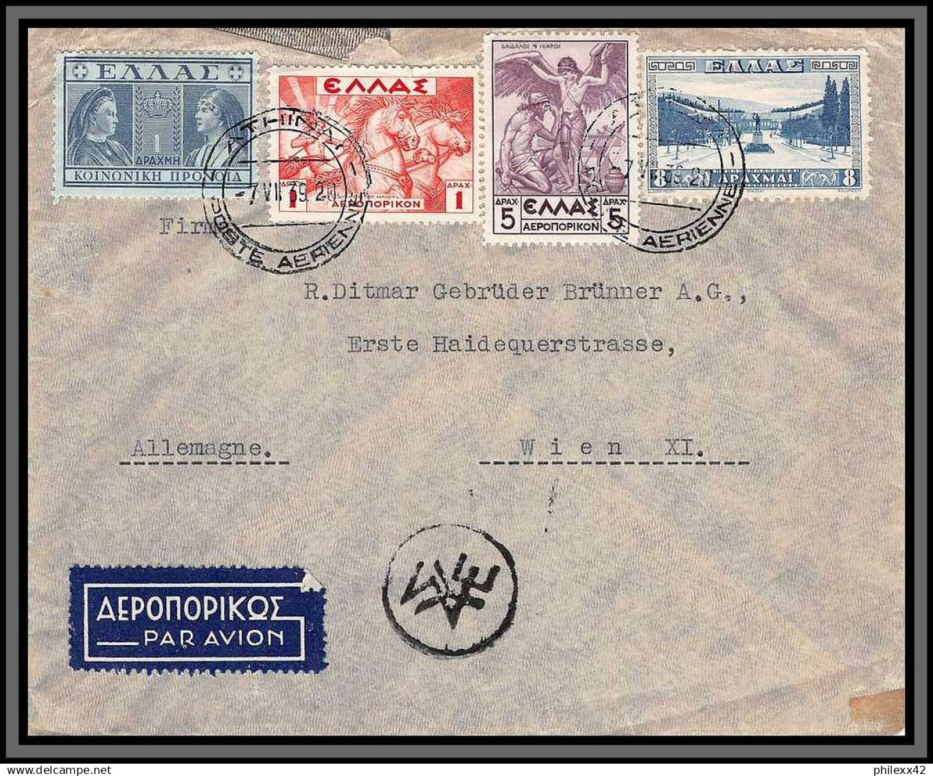 11357 Poste Aerienne 1939 Censure Censor Pour Wien Mythologie Mythology Lettre Cover Grèce Greece - Lettres & Documents