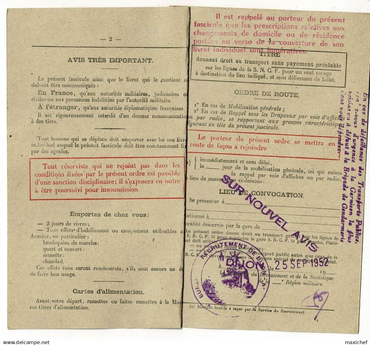 Fascicule De Mobilisation, 2 Volets, Bureau Recrutement Dijon, Lieu Convocation, Rejoignez : Louhans - 1952, Classe 1938 - Documents