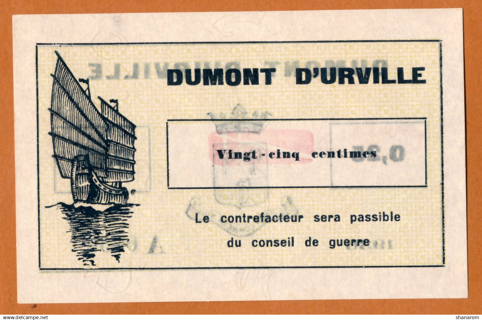 1936 // AVISO DUMONT D'URVILLE // Bon De Vingt Cinq Centimes // Sans Filigrane // AU-SPL - Bons & Nécessité