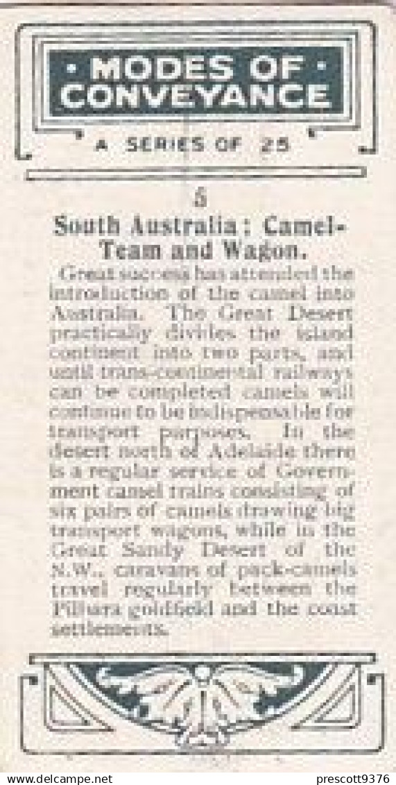 5 SOUTH AUSTRALIAN CAMEL TRAIN  - MODES OF CONVEYANCE 1930 - WILLS OVERSEAS ISSUE CARD  -  3X7CMS - - Andere Merken