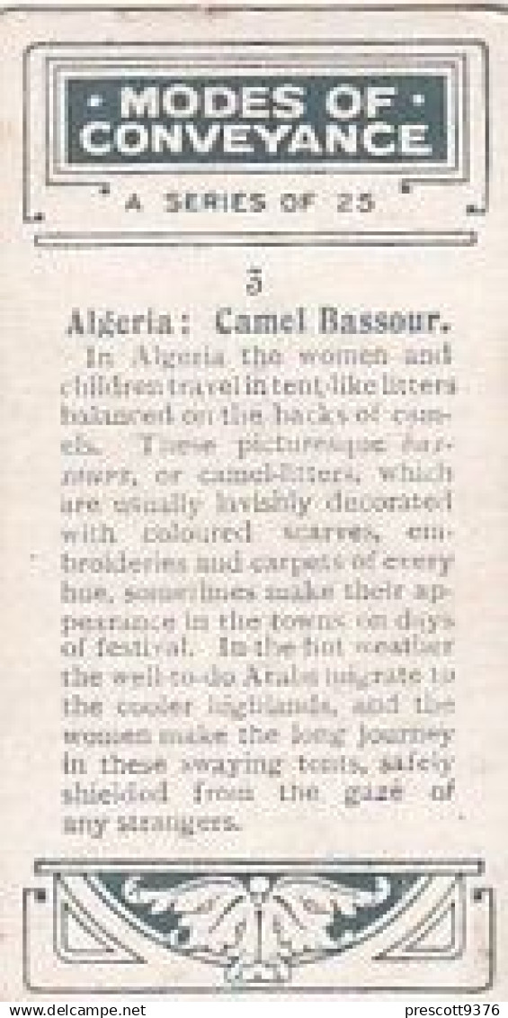 3 ALGERIAN CAMEL BASSOUR  - MODES OF CONVEYANCE 1930 - WILLS OVERSEAS ISSUE CARD  -  3X7CMS - - Zigarettenmarken
