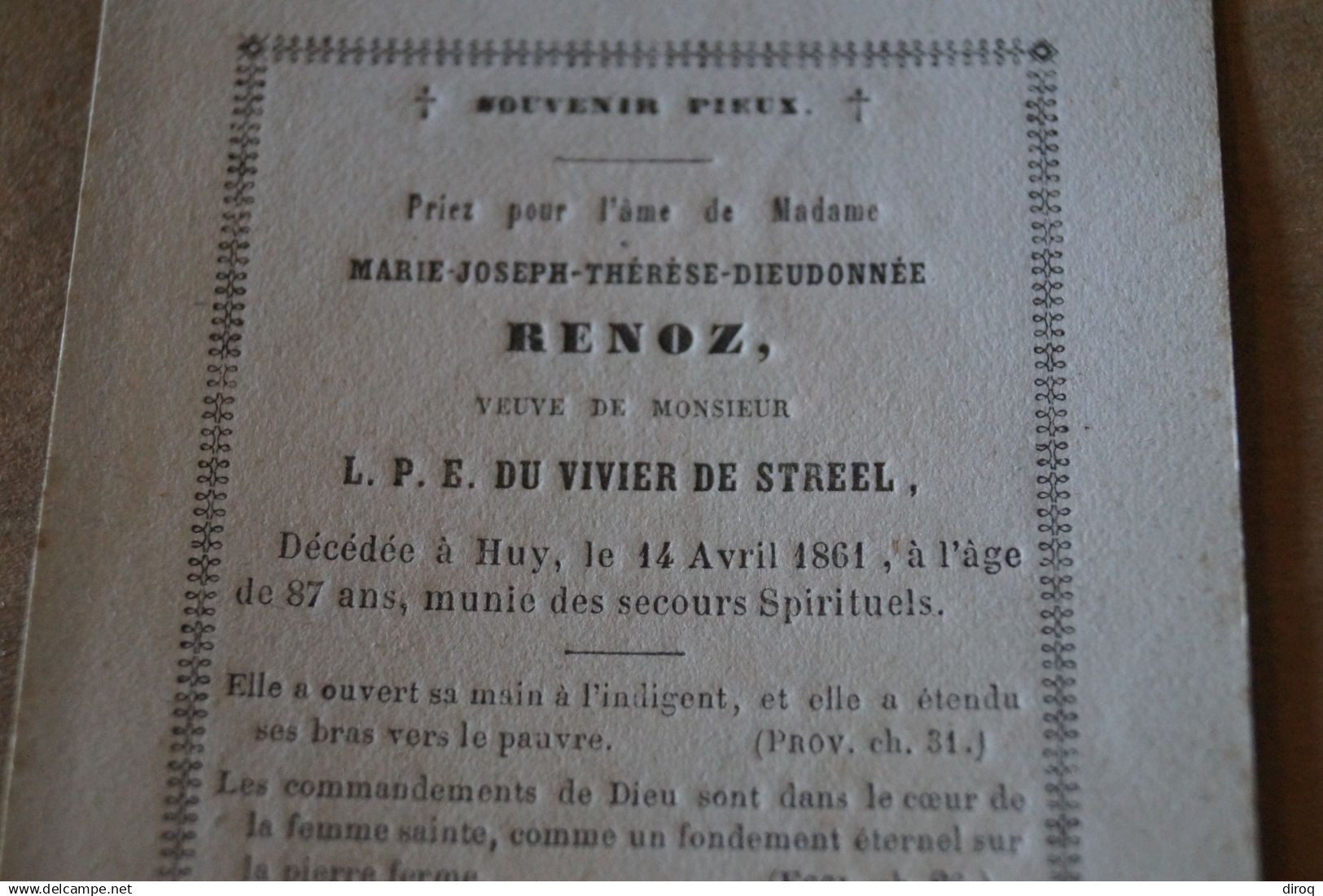 Liège, Marie Dieudonnée Renoz,Veuve Du Vivier De Streel,décédée à Huy En 1861 à L'àge De 87 Ans - Todesanzeige