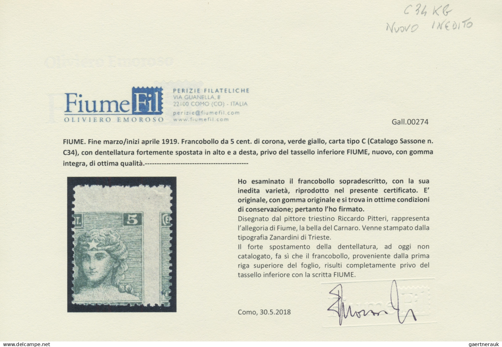 Fiume: 1919, 5 C, Green, Paper Type C, With Preforation Strongly Shifted To The - Fiume