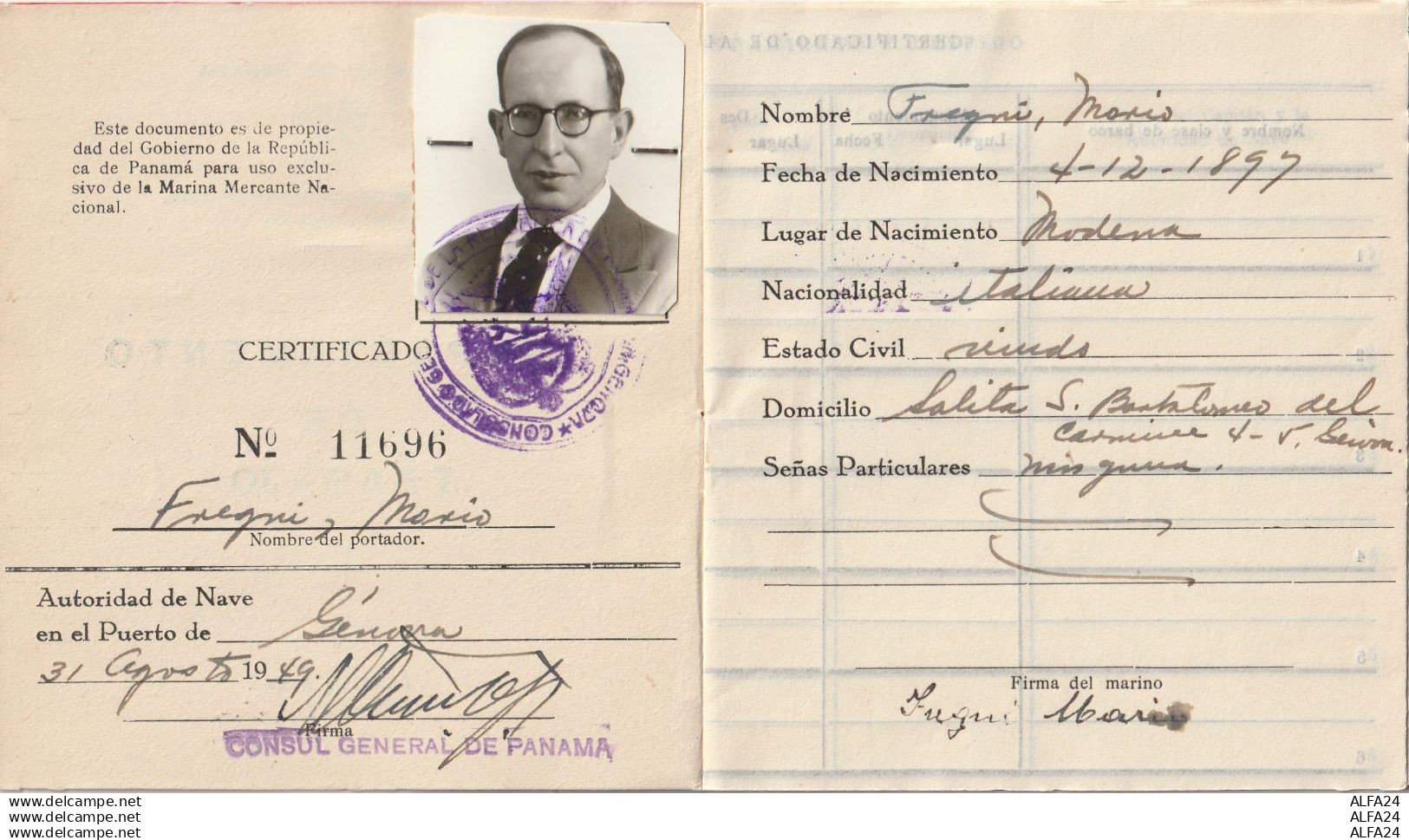DOCUMENTO IDENTIFICAZIONE PANAMA 1949 (ZP4548 - Documenti Storici