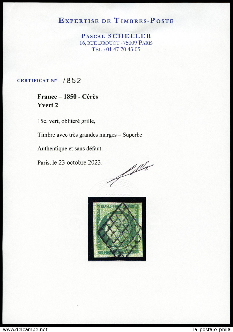 N°2, 15c Vert Obl Grille, Très Grandes Marges Avec Filet De Voisin à Droite. SUPERBE. R.R. (signé Calves/certificats)  Q - 1849-1850 Ceres
