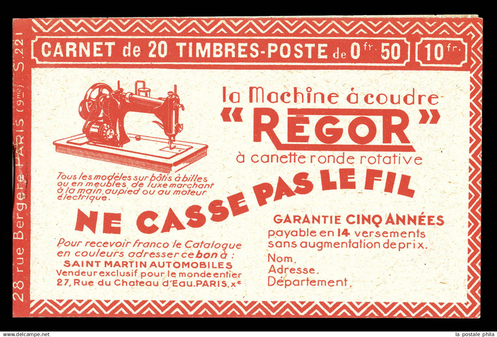 ** N°199-C41, Série 221 RP-A, REGOR MACHINE A COUDRE Et EU. SUP. R.R. (certificat)  Qualité: ** - Old : 1906-1965