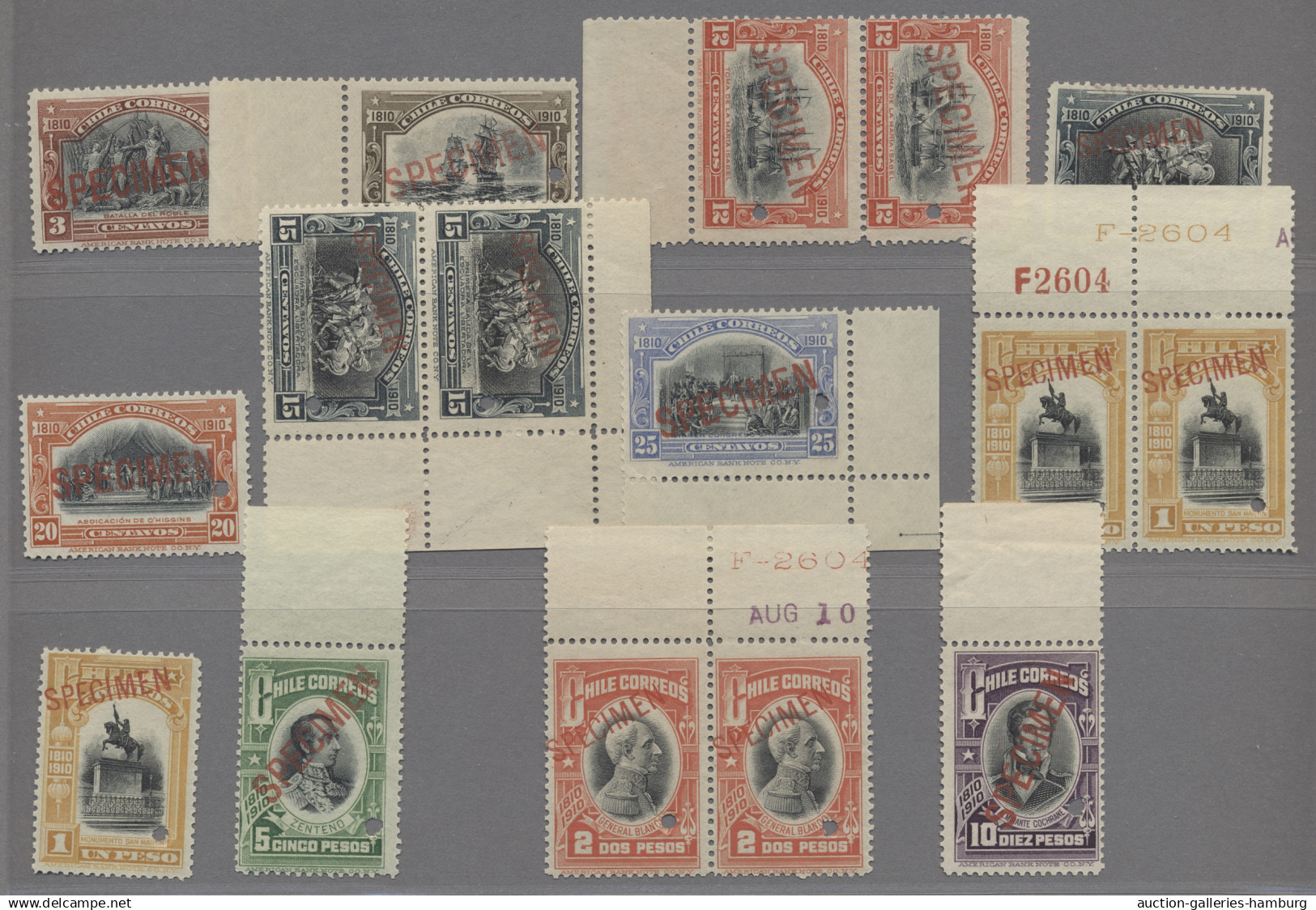 Chile: 1910, 100 Years Of Independence, Ex 3c. To 10 P., 16 Stamps With SPECIMEN - Chile