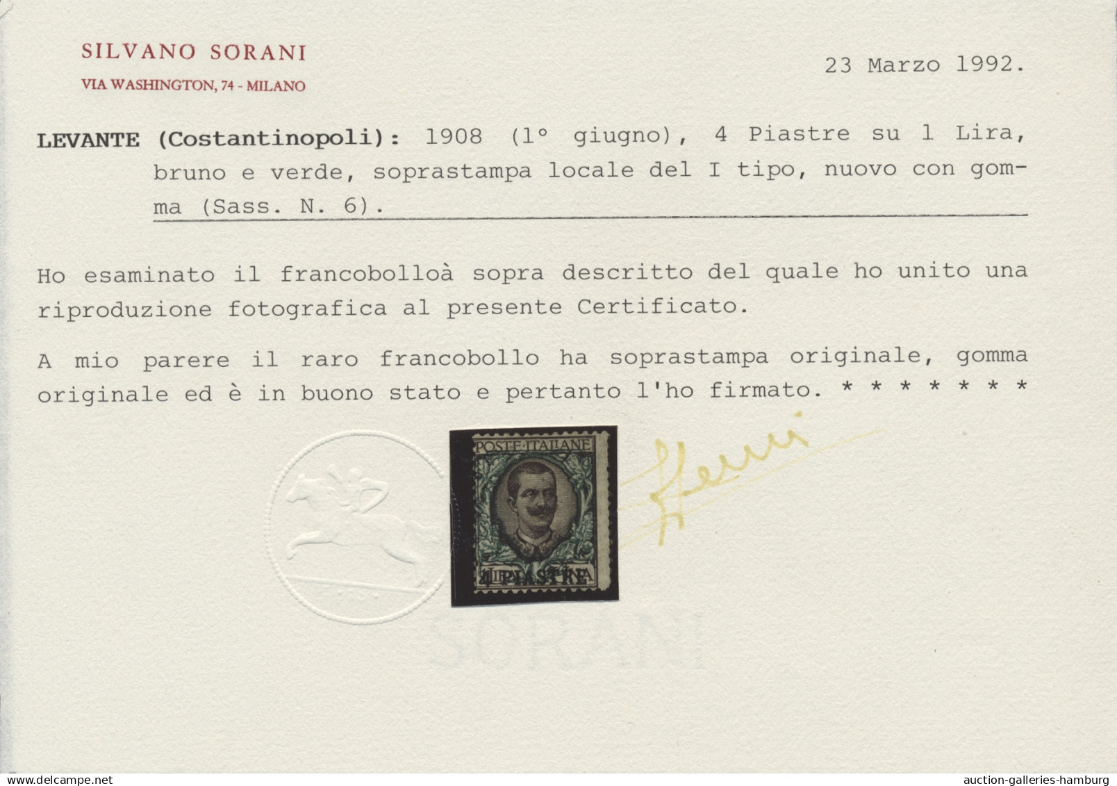 Italian PO In Turkey: 1908, Constantinople Issue, 4pi On 1l. Brown And Green, Hi - Algemene Uitgaven