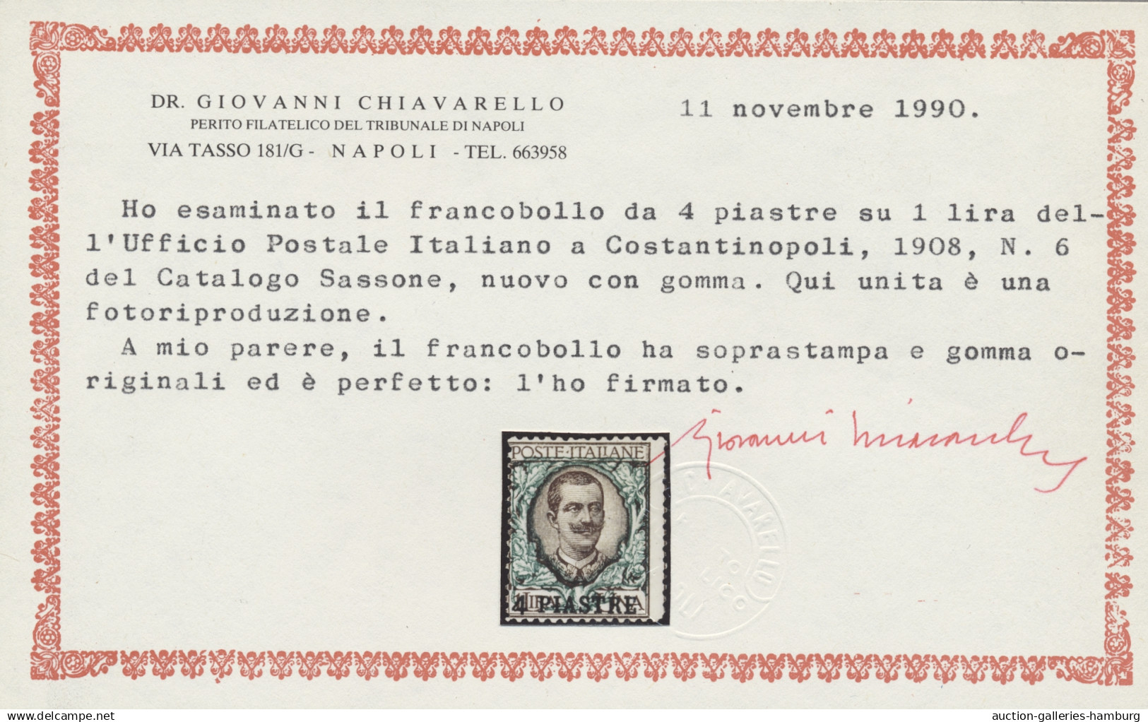 Italian PO In Turkey: 1908, Constantinople Issue, 4pi On 1l. Brown And Green, Hi - Algemene Uitgaven