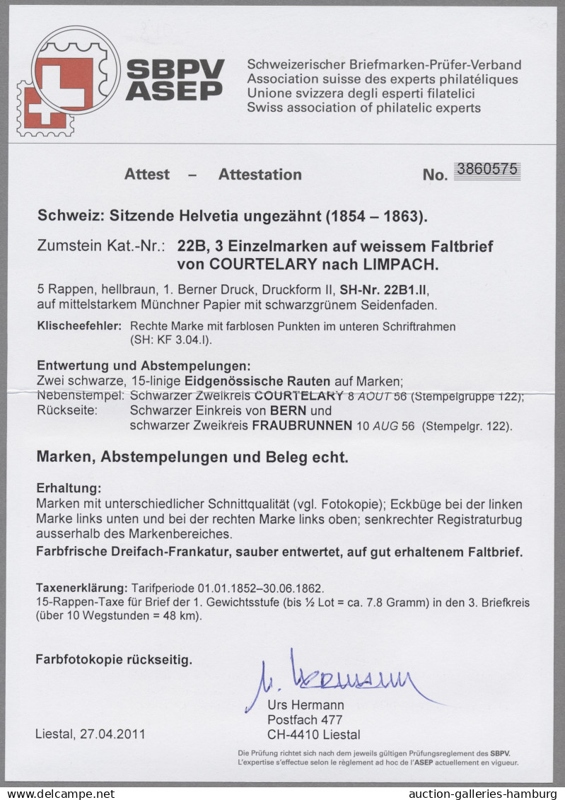 Schweiz: 1856, Strubel, Erster Berner Druck, Mittelstarkes Papier, 5 Rp. Braun, - Brieven En Documenten