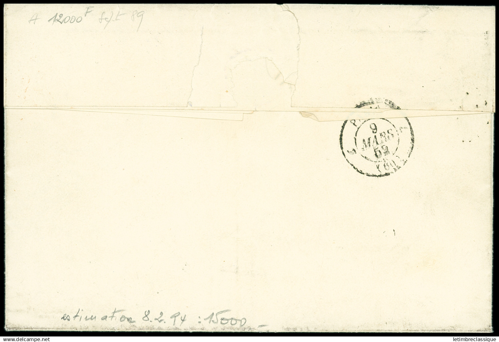 Lettre Rare Losange M De L'Assemblée Nationale Sur N°2 15c Vert Sur Lettre Locale, Cachet Rouge PP, Càd Paris 9 Mars 185 - 1849-1850 Ceres