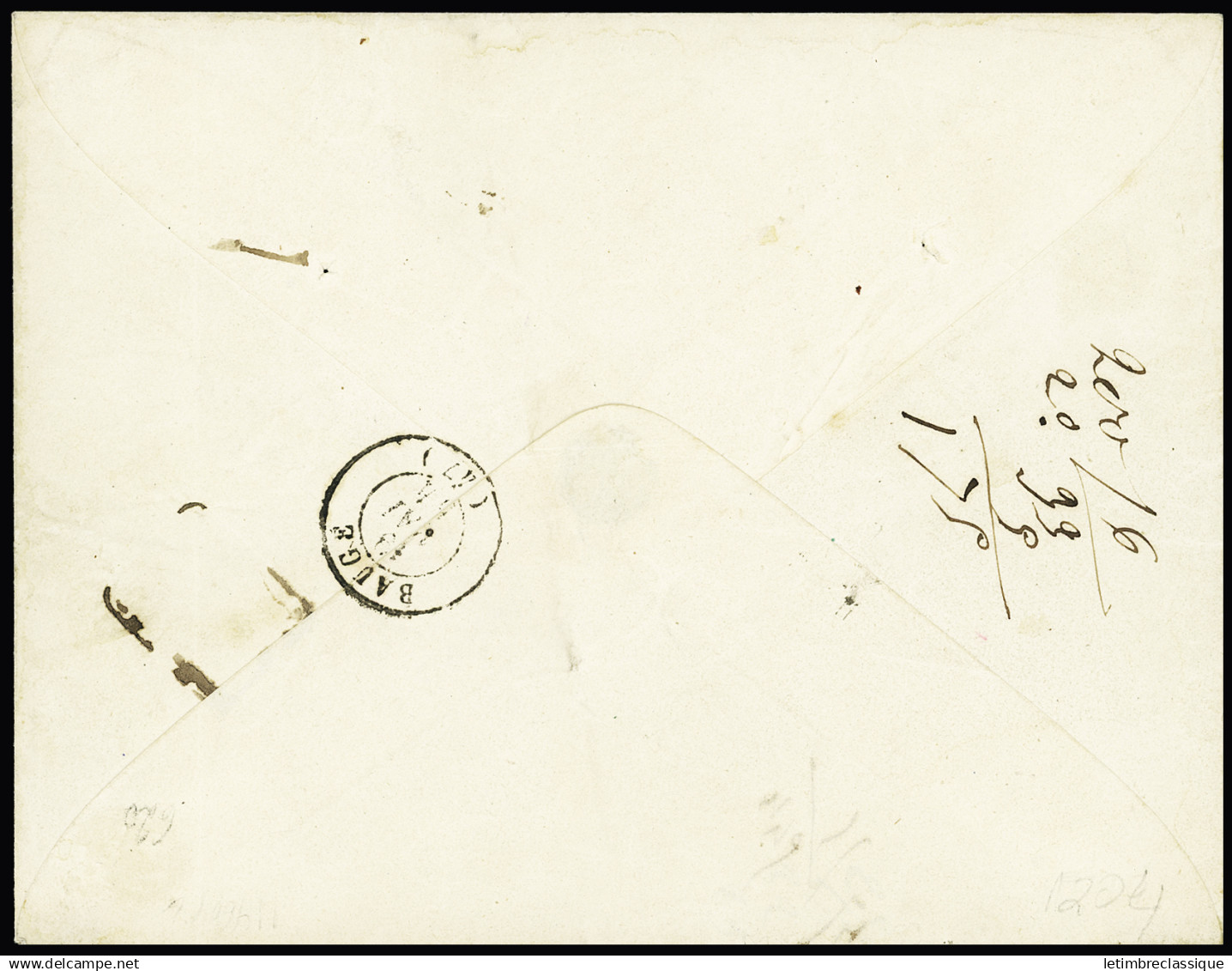 Lettre N°15 25c Bleu En Paire Obl. PC Sur Enveloppe De Durtal (47) 19.05.1854 Pour Baugé, Arr., TTB, Double Port Possibl - 1853-1860 Napoleon III