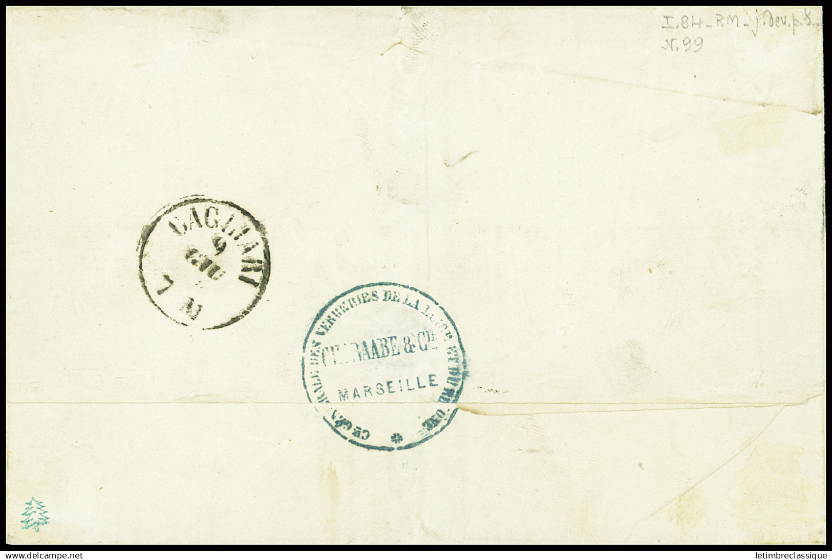 Lettre N°23 Obl. CAD "Cagliari" (1864) Sur Lettre De Marseille Pour Cagliari (Sardaigne) Avec à Côté Griffe Encadrée Noi - 1862 Napoléon III.
