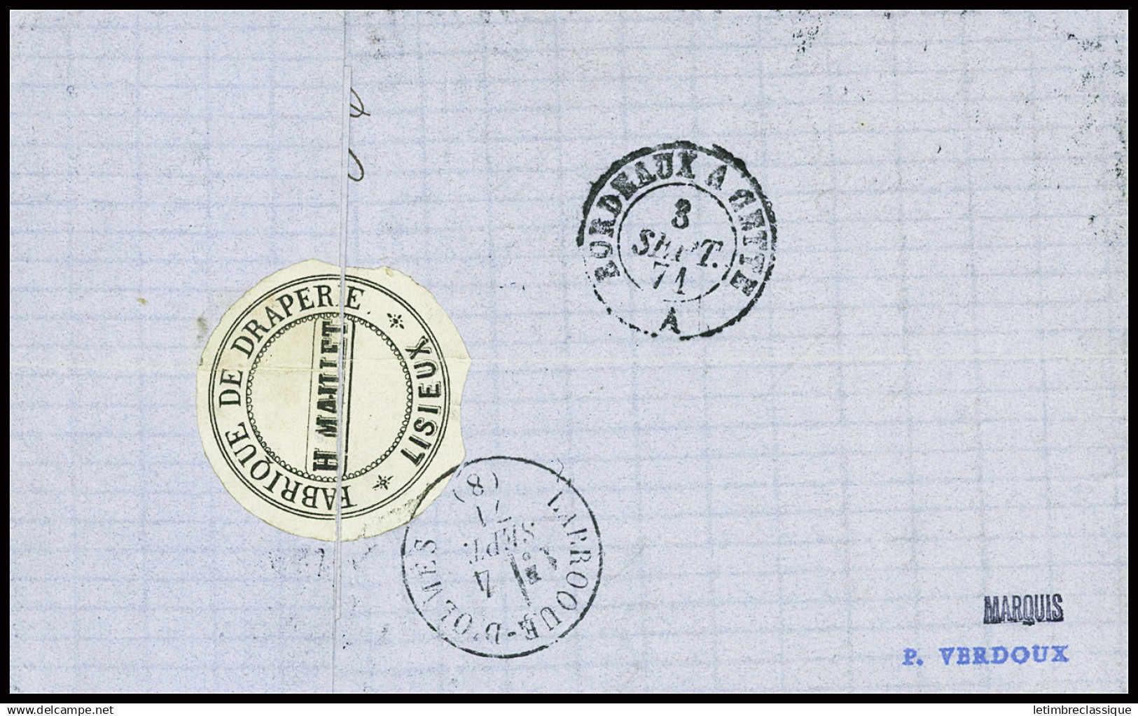 Lettre N°39 (def) + 40B En Paire + 37 (def) Obl GC 2056 + T17 Lisieux (1 Sept 1871 - 1er Jour Nouveau Tarif) Sur Lettre - 1870 Emissione Di Bordeaux