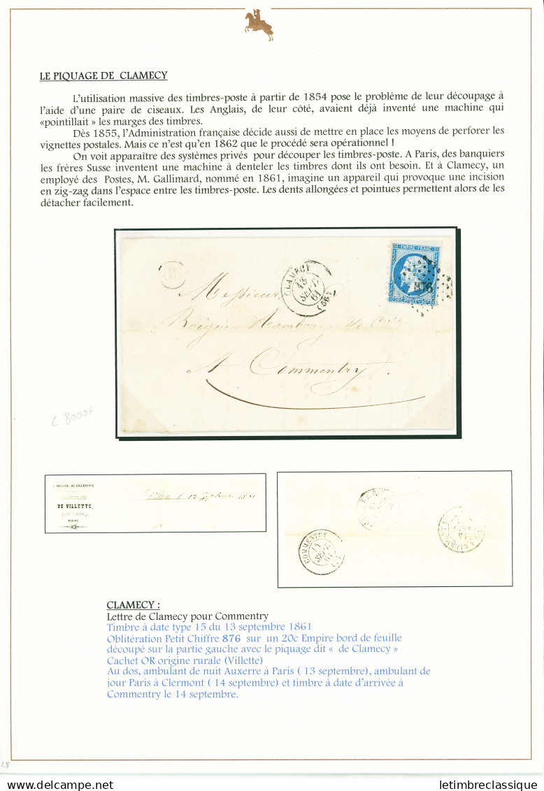 Lettre N°14, Petit BDF Avec Piquage De Clamecy, OBL PC 876 + T15 Clamecy (13 Sept 1861) Sur Lettre Avec Arrivée Commentr - Other & Unclassified