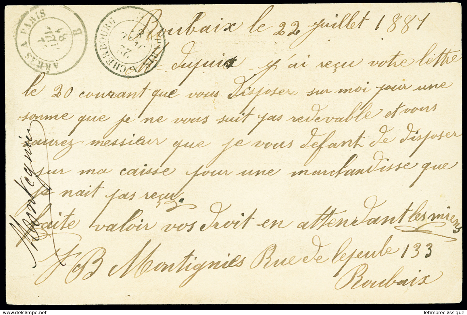 Lettre 1881 Entier Carte Postale 10c. Sage +n°92 25c Bistre S. Jaune En RECOMMANDE Pour Elbeuf, Avec CàD T17 ROUBAIX, R - Precursor Cards