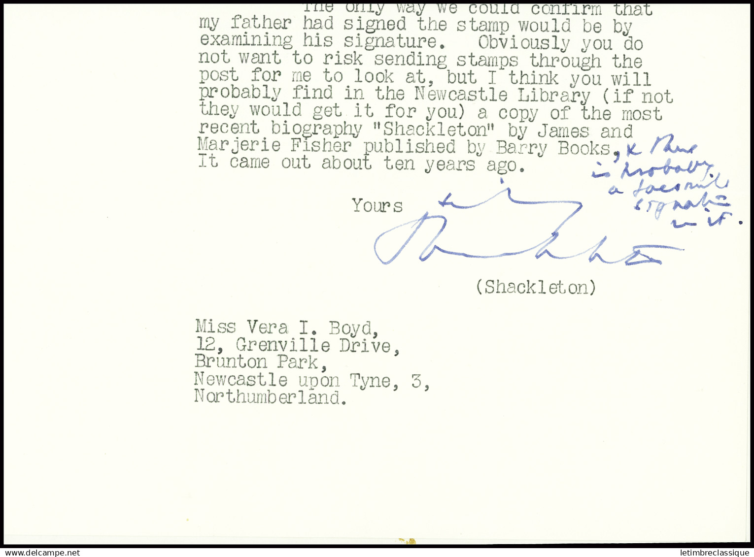 Lettre 3 correspondances (+ 2 env) timbres signés par Shackleton écrites par son fils qui les estime authentiques. TB