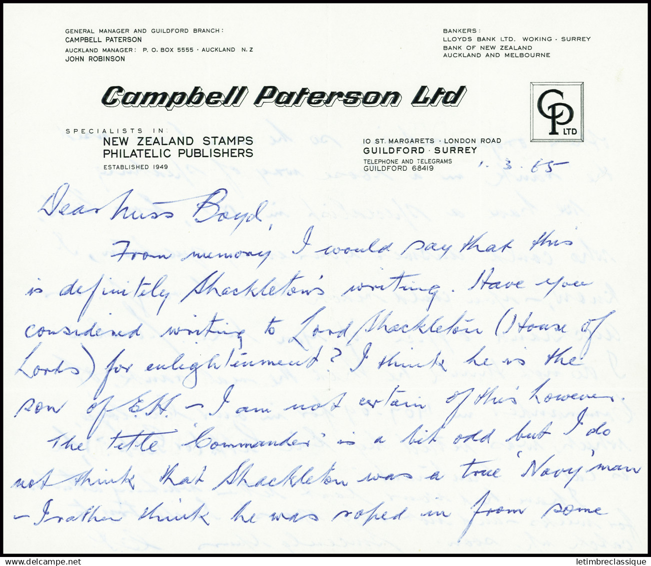 Lettre 3 correspondances (+ 2 env) timbres signés par Shackleton écrites par son fils qui les estime authentiques. TB