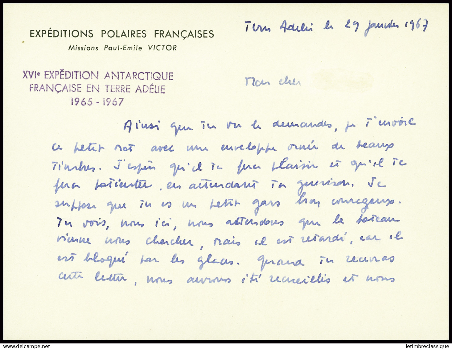 Lettre Carte à En-tête Des EPF écrite Par René Merle Et Signée Par Merle Et Paul Emile Victor Avec Griffe Violette De La - Other & Unclassified