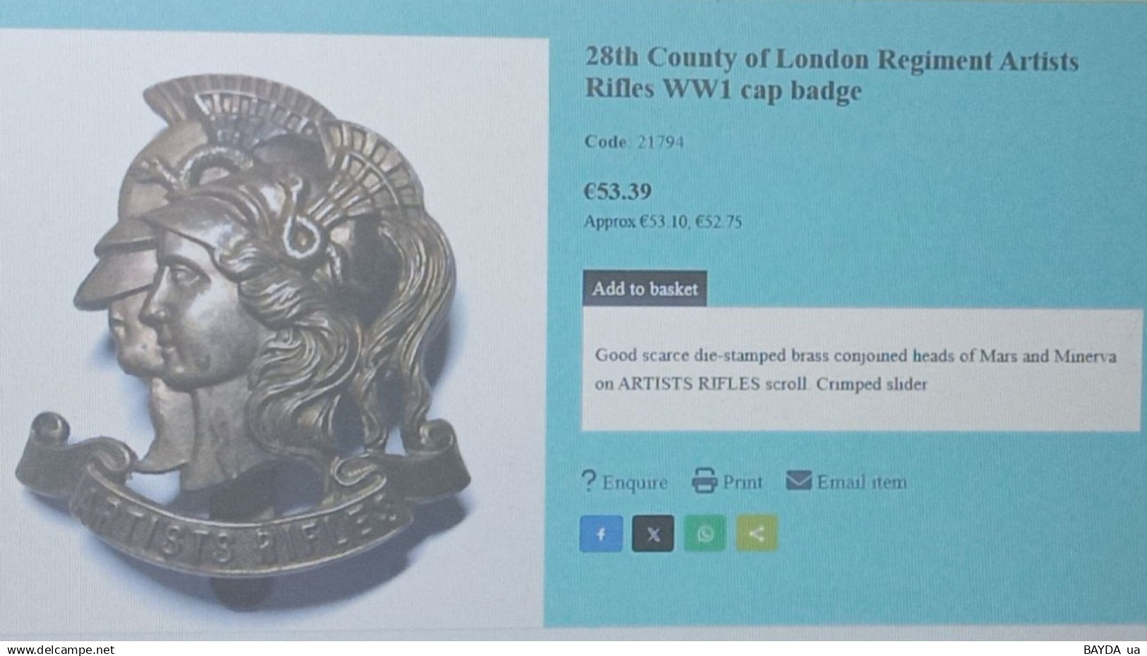 28th County Of London Artists Riflemen WW-I Cap Badge - Army