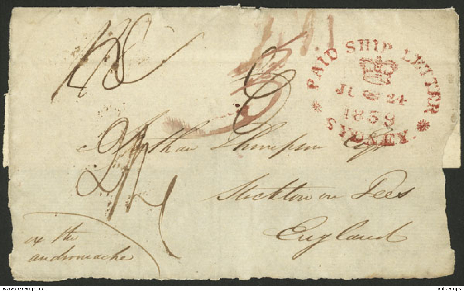 AUSTRALIA: Front And Part Of The Back Of A Folded Cover Sent From Sydney To England On 24/JUN/1839, With Several Marks O - Other & Unclassified