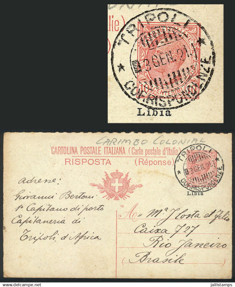 LIBYA: 10c. Reply Postal Card Overprinted "Libia", Sent From TRIPOLI To Brazil On 3/JA/1921, VF Quality And Rare Destina - Libya