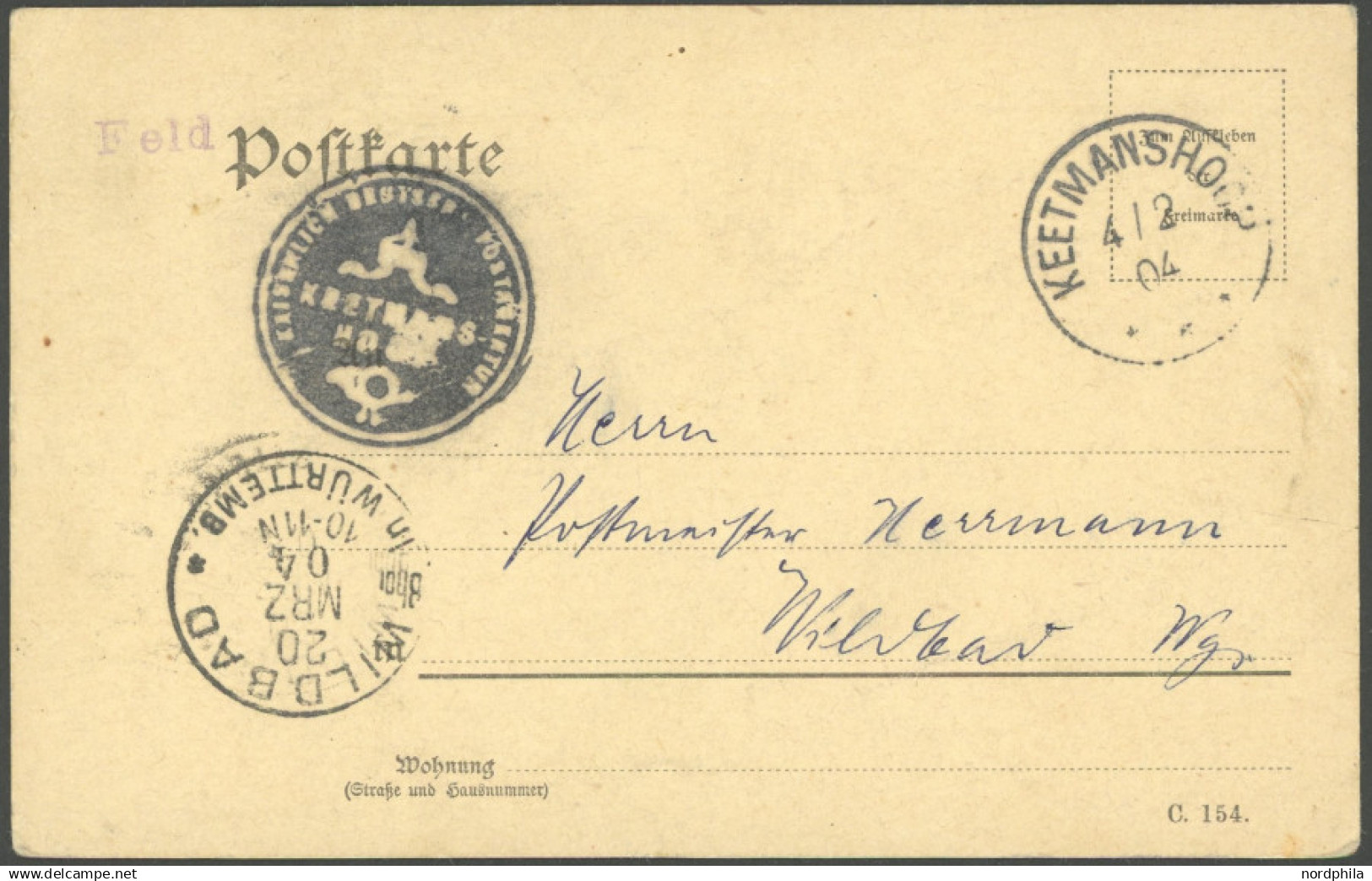 DSWA 4.2.04, Provisorische Feldpostkarte (Formular C 154) Mit Violettem Gummistempel Feld - Und Dienstsiegel KEETMANSHOO - German South West Africa