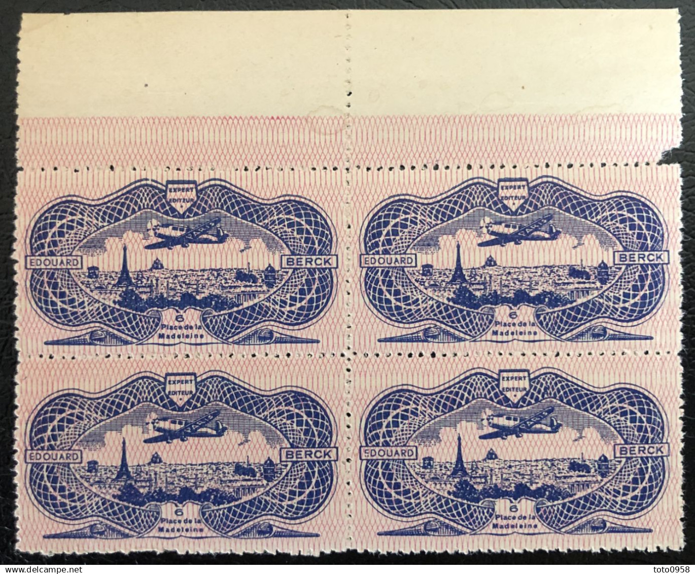 France 1936 - Bloc De 4 Vignettes Burelage Rose Caudron Simoun Sur Paris MNH ** (réalisée Sur La Planche Du N°50 ) TB - Aviation