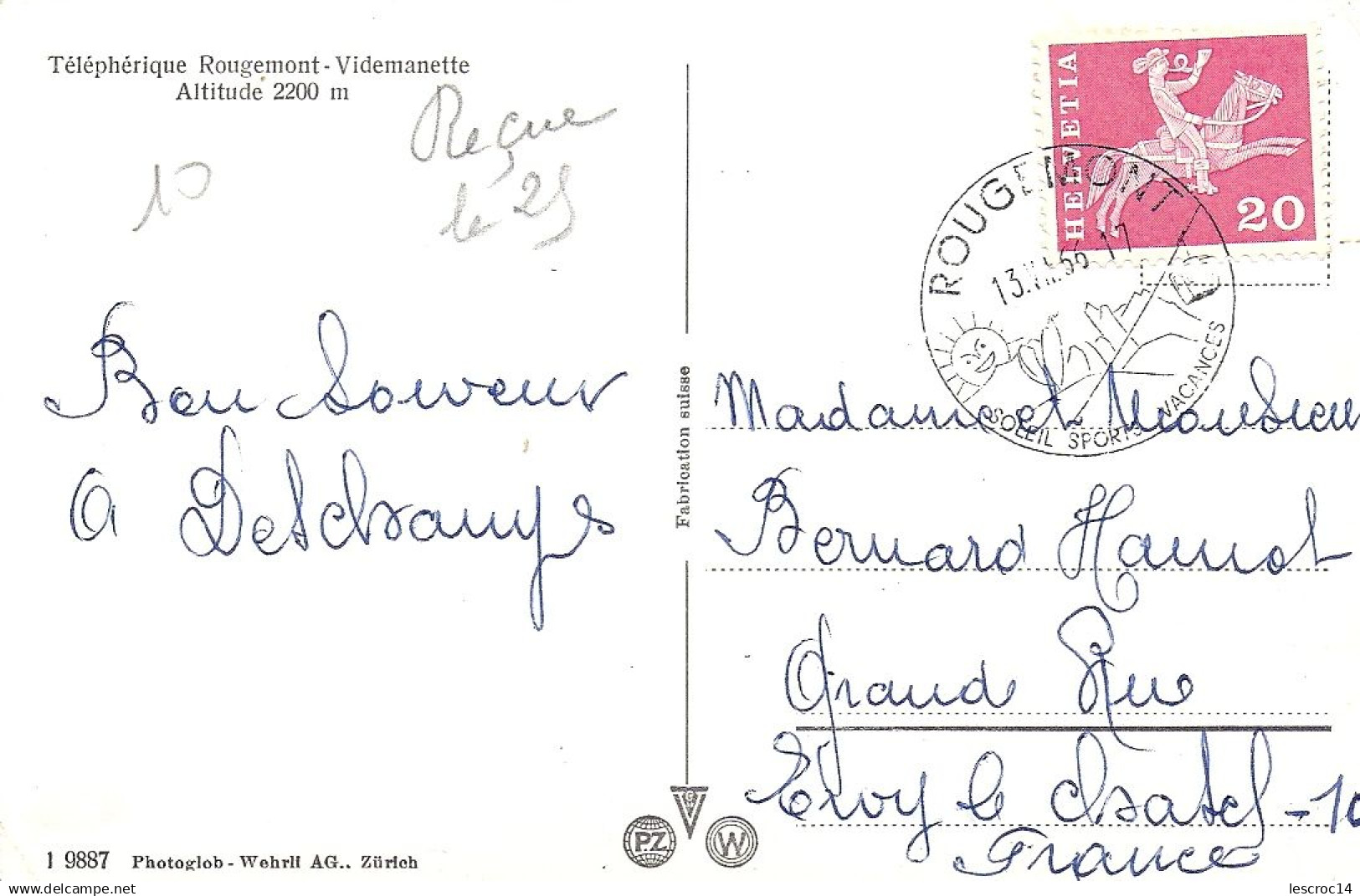 Téléphérique Rougemeont Videmanette1956 Cachet Rougemont N)9887 Photoglob Wehrit Zurich - Rougemont