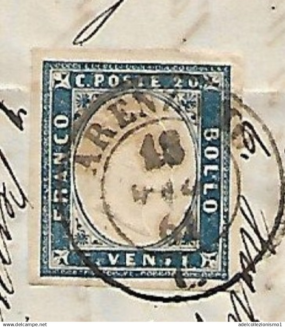 13) SARDEGNA LETTERA CON 20C.Quarta Emissione INDACO SCURO N.15Dd DA ARENZANO IL 13/5/1861 - Sardinia