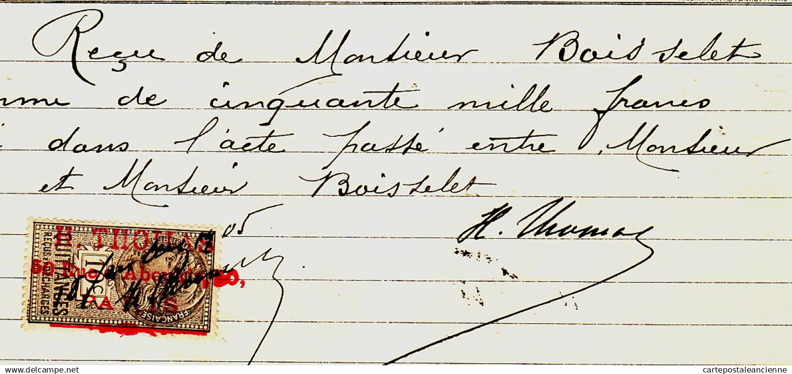 31261 / Memorandum H. THOMAS 50 Rue Aboukir Paris 18.07.1905 Reçu De BOISSELET Timbre Fiscal Quittance 10ct - Wechsel