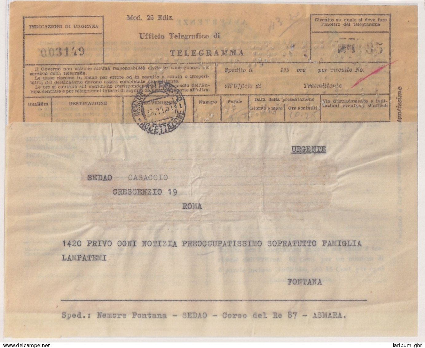 Italienisch-Eritrea Britische Militärpost 26 Gestempelt Auf Telegram #NK139 - Eritrea