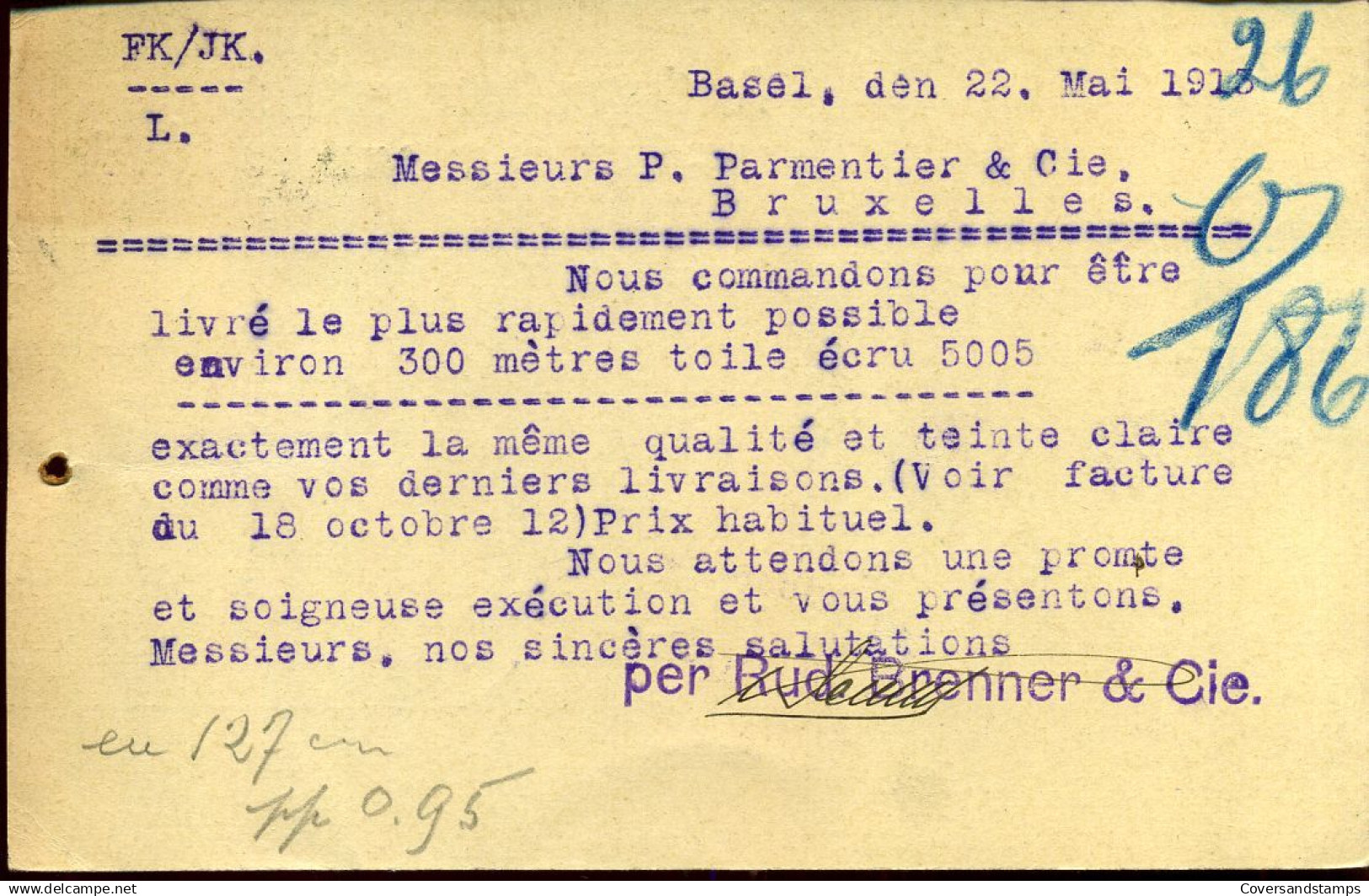 Carte Postale : From Basel To Bruxelles, Belgium -- "Rud Brenner & Cie, Basel" - Poststempel