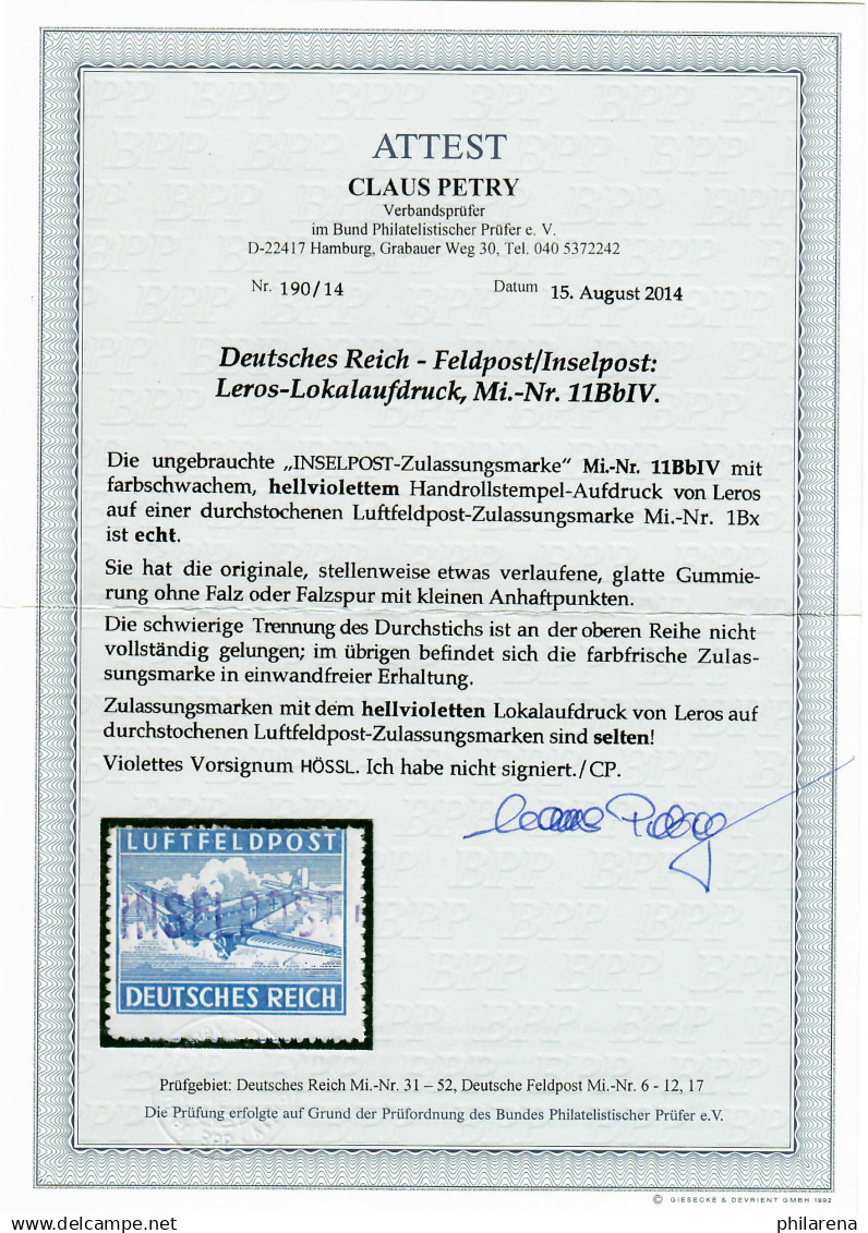 Feldpost/Inselpost MiNr. 11 BbIV, Orig. Gummi, Kl. Anhaftpunkte, BPP Attest */** - Feldpost 2. Weltkrieg