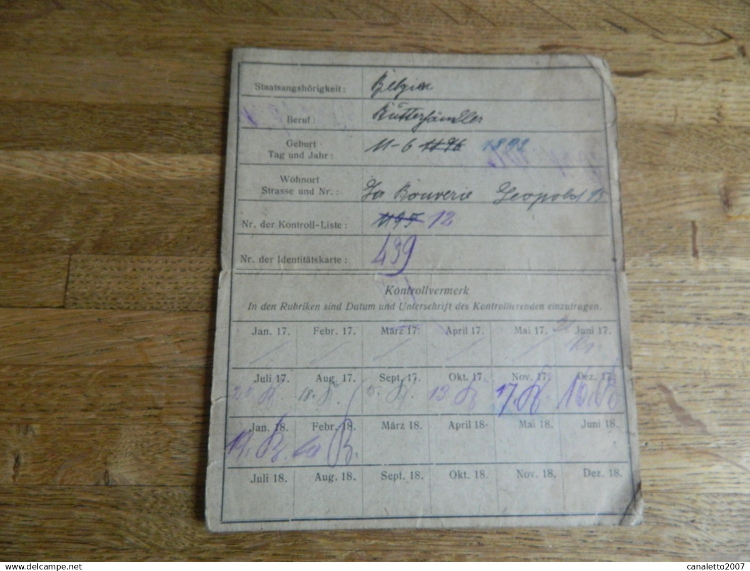 LA BOUVERIE + MILITARIA: KONTROLL-KARTE DE LA GUERRE 14/18 AVEC CACHET DE LA BOUVERIE JOSEPH CORNER ?? - Documents