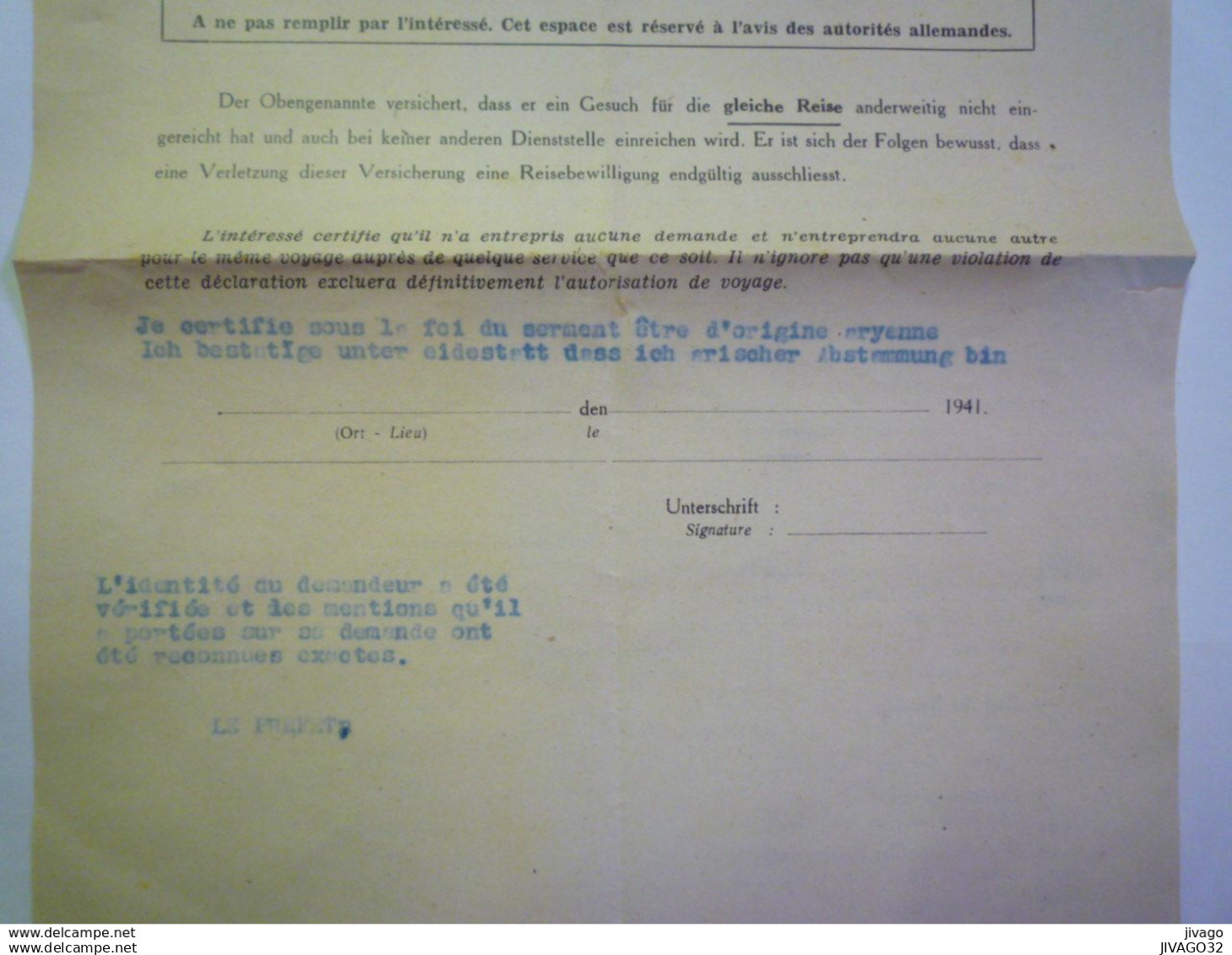 2020 - 6680  Antrag Auf Erteilung Eines Passierscheines (avec Mention Sous Serment D'être D'origine Aryenne)  1941  XXX - Other & Unclassified