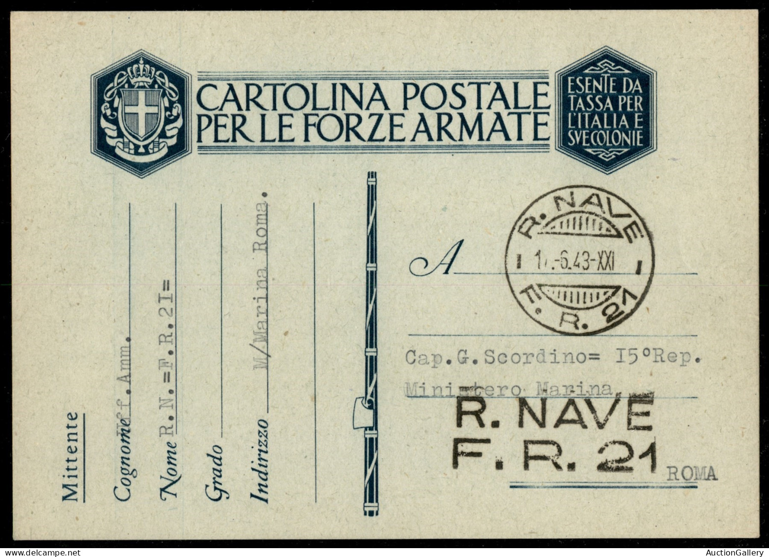 Navigazione - R. Nave F.R. 21 - Cartolina In Franchigia Per Roma Del 17.6.43 - Sonstige & Ohne Zuordnung
