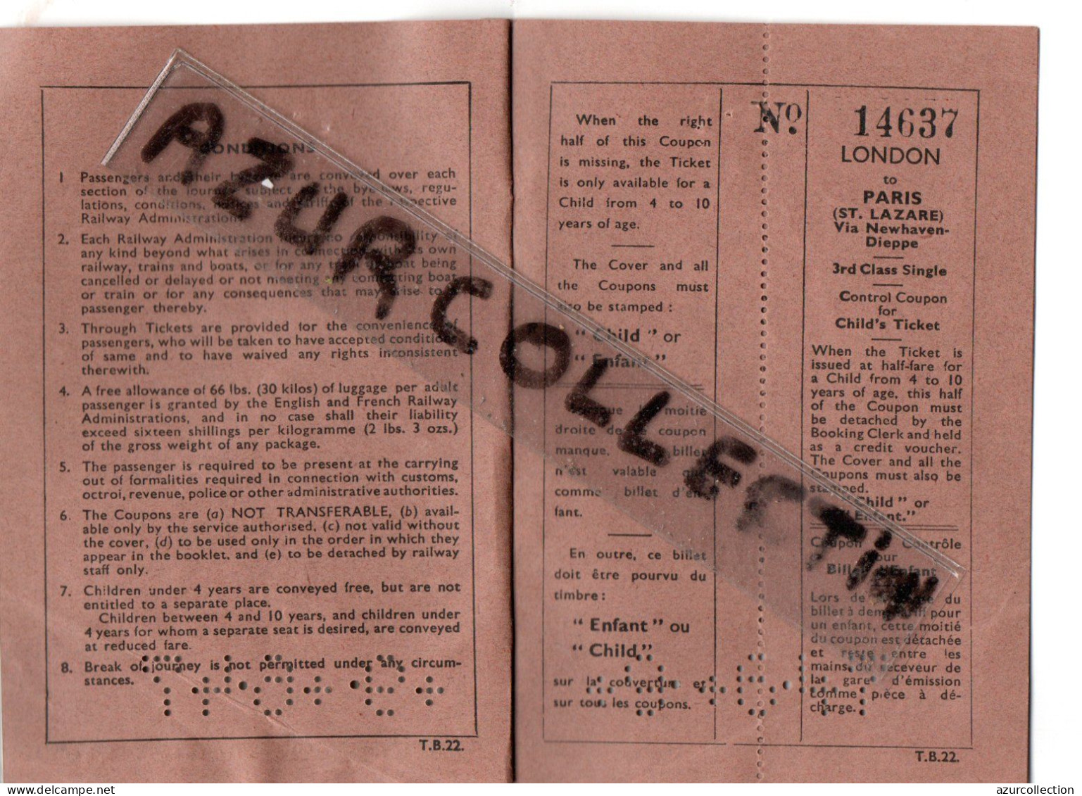 TICKET LONDON PARIS ST LAZARE VIA NEWHAVEN-DIEPPE - Europe